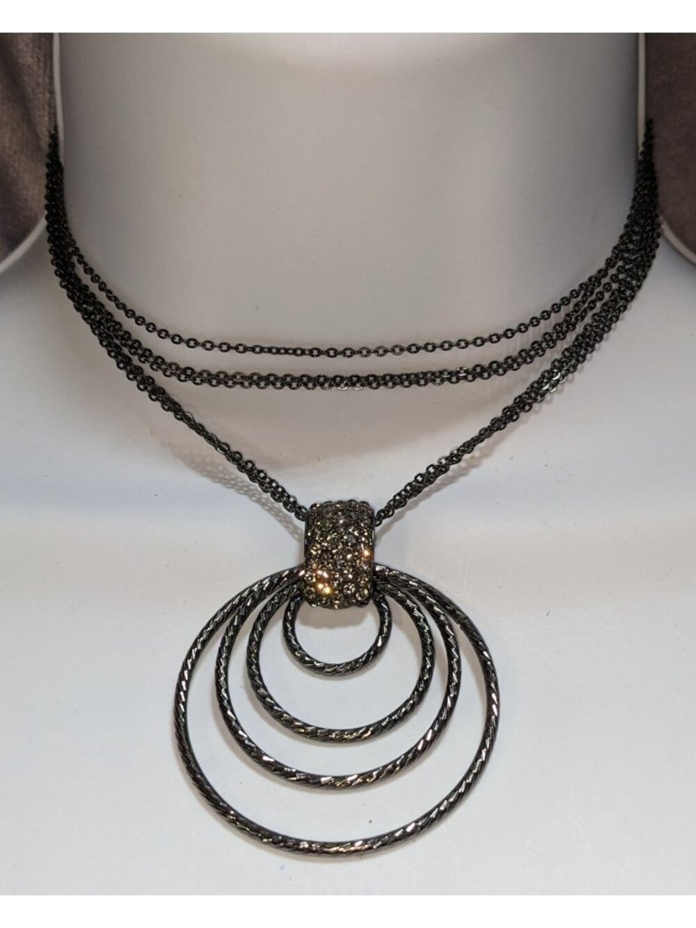 Glam Goth Black Tone Layered Circle Pendant Necklace